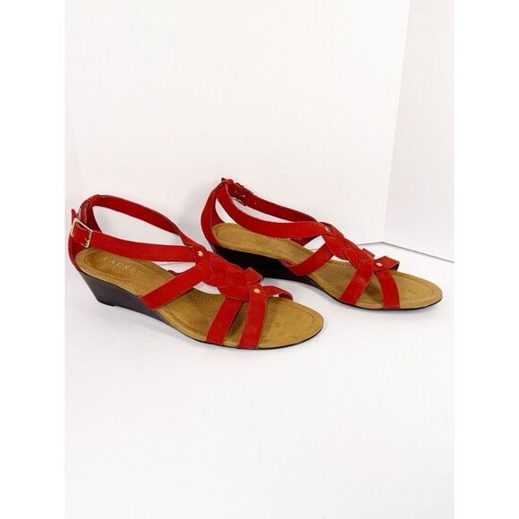 Ralph Lauren Demi Wedge Sandal Red Leather Strappy Gold Buckle Comfort 9.5 B - Picture 7 of 16